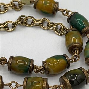 4.15.26-6 Jan Michaels Green and Amber Glass Bead Necklace with Gold-Tone Links